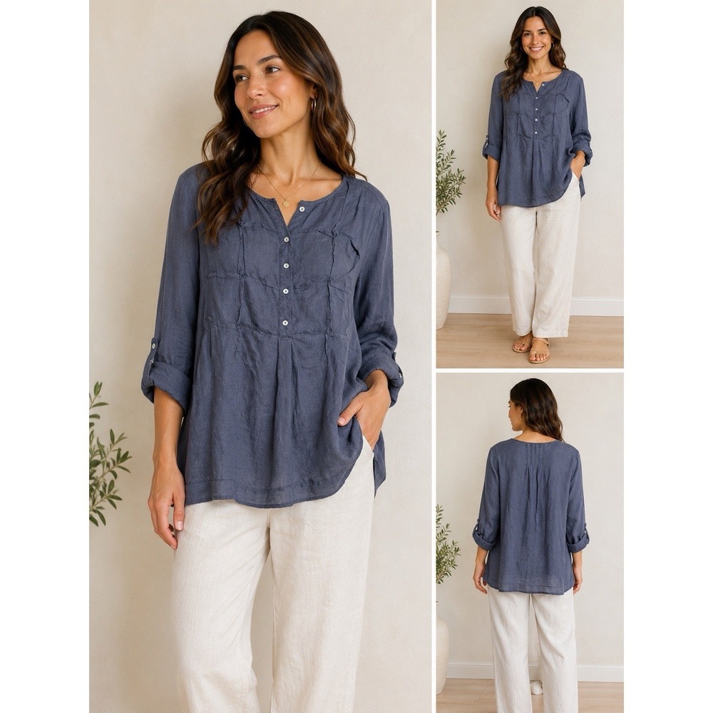 Nurture Linen Tunic Top Size L Lagenlook Popover Roll Sleeves Coastal Casual